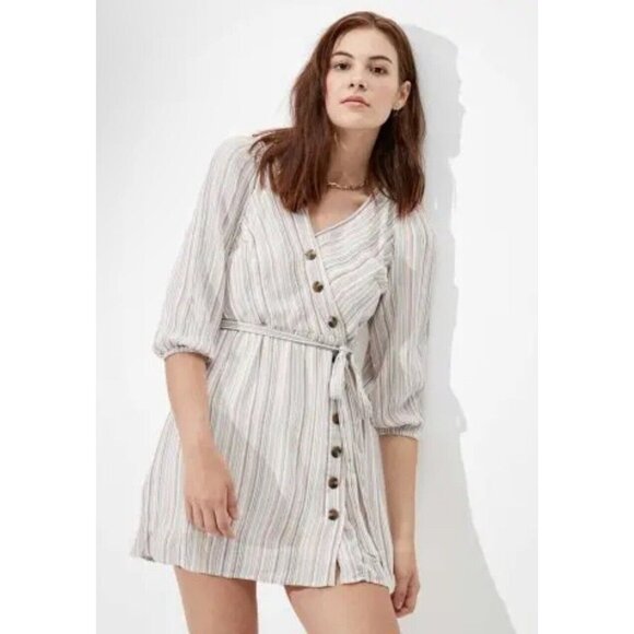 American Eagle Dress Stripe V Neck Wrap Button Down Tie Waist - Picture 2 of 11